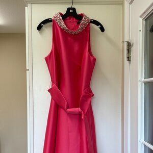 Bagdley Mischka, Belted Full Skirt Midi dress, Size 10, Coral color